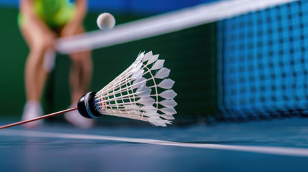 Captivating close-up of a badminton shuttlecock in mid-flight, captured against the backdrop of an indoor court, showcasing athletic action and intensity.の素材