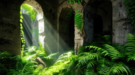 This stunning image captures sunlight spilling through weathered archways within an abandoned structure, highlighting the lush growth of vibrant ferns.の素材
