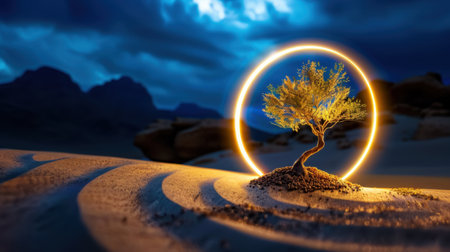 A striking image of a single tree illuminated by a circular glow in a tranquil desert landscape, capturing the beauty of nature and surreal artistry under a dramatic sky.の素材