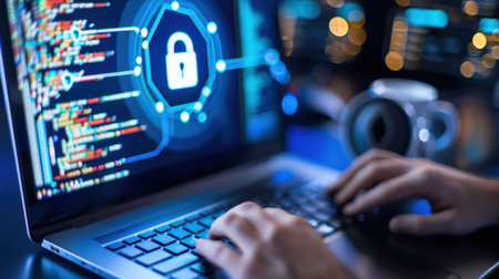 This image depicts a close-up view of a person's hands typing on a laptop, showcasing a lock icon and colorful code on the screen, highlighting cybersecurity themes.の素材