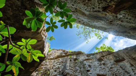 A breathtaking view looking up from a rocky cave, showcasing vibrant greenery and bright sunlight filtering through the landscape under a clear blue sky.の素材