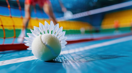 A close-up image features a shuttlecock on a badminton court, capturing the essence of sport with an out-of-focus player competing in the background.の素材