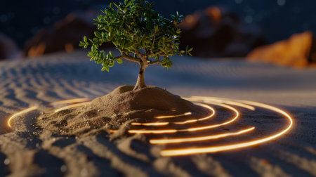 A solitary tree stands on a mound of sand, radiating soft light in a tranquil desert setting at night. The serene composition evokes peace and natural beauty.の素材