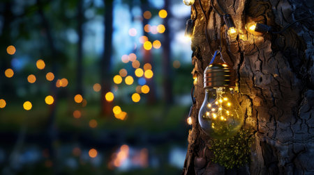 A beautifully captured scene featuring warm string lights adorning a tree trunk, creating a magical atmosphere in a tranquil forest during dusk.の素材