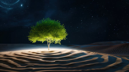 A vibrant tree stands alone in a desert landscape, illuminated by soft light against a starry sky, creating a serene and mystical atmosphere.の素材