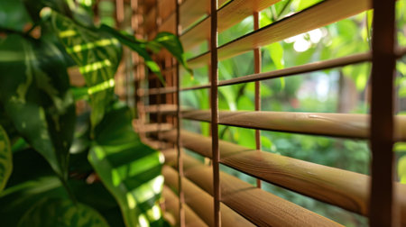 A beautiful scene showcasing sunlight streaming through wooden blinds, illuminating lush green foliage. This image conveys a sense of tranquility and harmony in a bright indoor space. Perfect for home decor themes.の素材