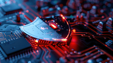 A detailed close-up view of a circuit board featuring bright red LED lights. This image highlights the intricate design and technological advancement in electronics and systems.の素材