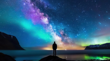 This stunning image captures a colorful aurora alongside the Milky Way against a serene water backdrop, showcasing the beauty of the night sky and nature.の素材