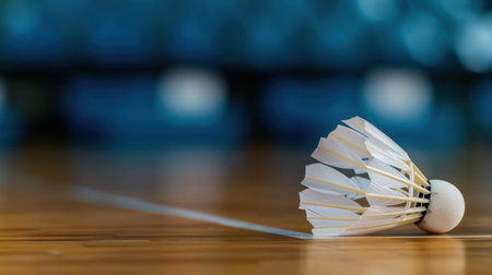 A beautifully captured close-up image of a badminton shuttlecock resting on a wooden floor, showcasing the intricate details and textures. The blurred background emphasizes its significance in sports and recreation.の素材