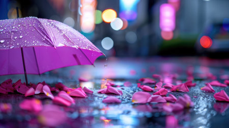 A vibrant pink umbrella, adorned with water droplets, stands in a rainy city street decorated with pink petals, creating a colorful and serene evening atmosphere.の素材