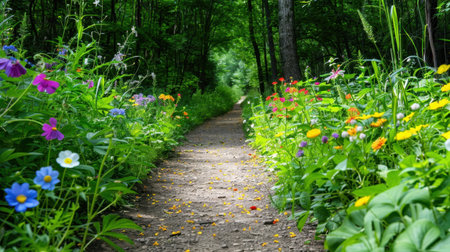 A tranquil pathway meanders through a lush forest, adorned with vibrant wildflowers. Perfect for nature lovers seeking peaceful outdoor experiences.の素材