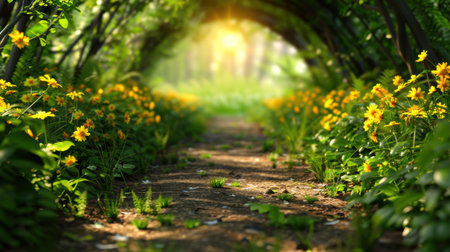 This enchanting garden pathway invites exploration through a vibrant landscape filled with yellow flowers and lush greenery, illuminated by soft sunlight.の素材
