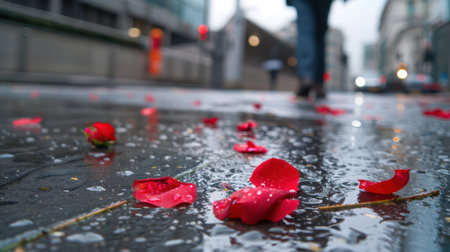 A stunning view of vibrant red rose petals scattered on a wet urban street, reflecting raindrops, creating a romantic and serene atmosphere in the city.の素材