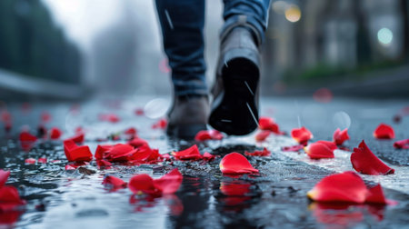 A person walks on a wet street scattered with vibrant rose petals, creating a striking contrast against the gray pavement while evoking emotions.の素材