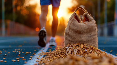 A dedicated runner makes strides on a track, with a burlap sack spilling seeds and grains. The warm sunset creates a vibrant atmosphere, emphasizing health and vitality.の素材