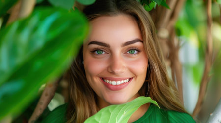 A young woman radiates joy, smiling amid vibrant green foliage. Her bright eyes and warm expression create a sense of positivity and serenity in nature.の素材