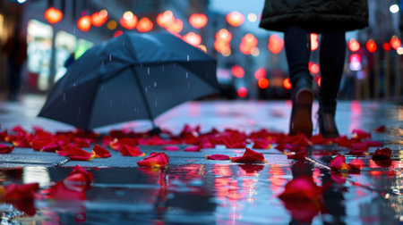 A solitary woman walks with an umbrella amidst vibrant rose petals scattered on a wet city street, illuminated by glowing lanterns, creating a serene atmosphere.の素材