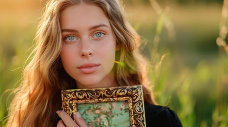 A captivating portrait of a young woman holding a vintage picture frame against a natural background. The soft sunlight enhances her beauty and serene expression.の素材