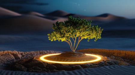 A mesmerizing scene featuring a lone tree enveloped in a radiant glow on a desert landscape. The shimmering light contrasts beautifully against the sandy terrain, evoking a sense of peace and wonder. Ideal for nature and fantasy themes.の素材