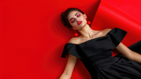 A striking portrait of a woman in a black dress set against a vibrant red background, showcasing bold makeup and chic accessories, capturing elegance and style.の素材