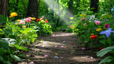 A beautiful pathway meanders through a colorful garden filled with vibrant flowers, illuminated by soft sunlight. Nature exudes peace and beauty.の素材