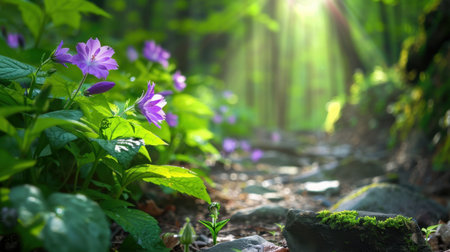 A stunning view of vibrant wildflowers blooming along a serene forest path, illuminated by gentle sunbeams filtering through the lush greenery.の素材