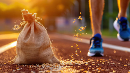 A dynamic scene of a runner on a track leaving a trail of grain from a burlap sack. The warm sunset creates a vibrant atmosphere, highlighting the athlete's movement and determination.の素材
