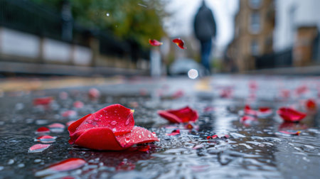 Fresh red rose petals lay on a wet street after rain, creating a visually striking scene with a blurred figure walking in the background. Perfect for depicting beauty and emotions.の素材