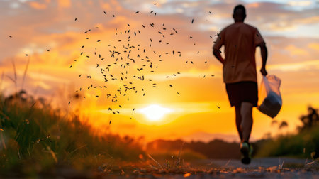 A jogger runs along a path at sunset, carrying a bag, surrounded by a serene landscape. The image captures a moment of tranquility and physical activity.の素材