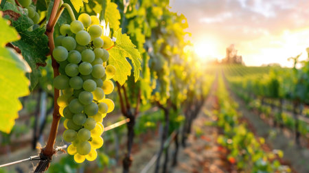 A serene vineyard scene featuring clusters of green grapes and rows of lush vines bathed in warm sunset light, capturing the essence of nature beauty.の素材