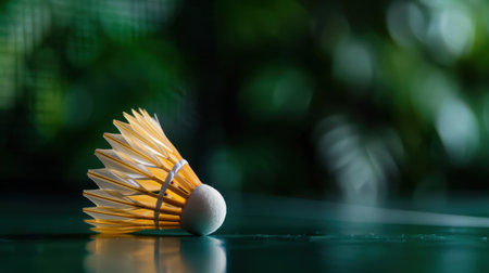 A serene close-up captures a shuttlecock on a green surface, providing a glimpse into the engaging world of badminton and outdoor sports.の素材