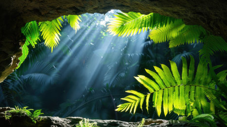 A captivating view of a forest cave framed by vibrant green ferns, illuminated by soft beams of sunlight streaming through the lush canopy above.の素材