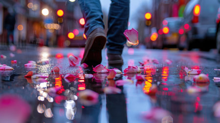 A captivating scene of a person walking on a rain-soaked street scattered with rose petals, illuminated by soft city lights, evoking romance and tranquility.の素材
