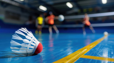 A close-up view of a shuttlecock resting on a brightly colored badminton court, capturing the essence of sport with players engaged in dynamic motion in the background.の素材