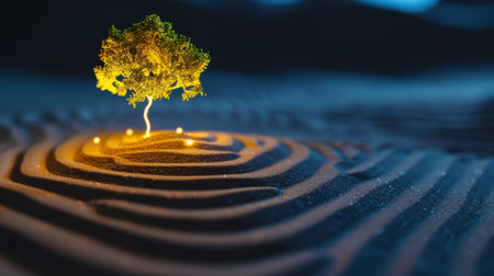 A captivating scene featuring a vibrant green tree standing on a wavy sand surface, illuminated by soft lights. This image embodies tranquility and beauty, perfect for nature themes.の素材