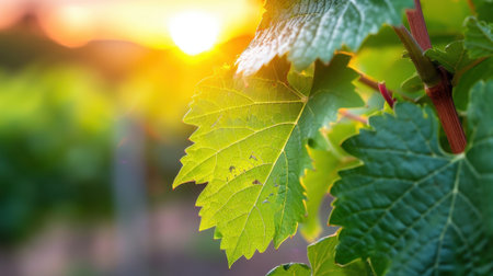 A stunning close-up of fresh green grape leaves captures the essence of a vineyard at sunset, with warm golden light creating a tranquil atmosphere.の素材