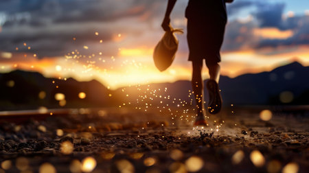 A captivating scene showcasing a silhouette of an individual running along a gravel path at sunset, carrying a bag. The background glows with warm colors, creating a sense of adventure and freedom.の素材