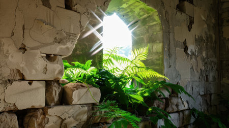 A captivating image of vibrant green ferns illuminated by sunlight streaming through a cracked wall in an abandoned structure, highlighting nature's resilience.の素材
