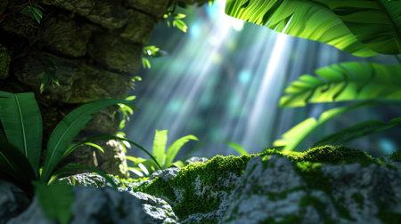 Experience the beauty of nature with this vivid jungle scene, featuring sunlight streaming through vibrant green leaves on mossy rocks, evoking serenity.の素材