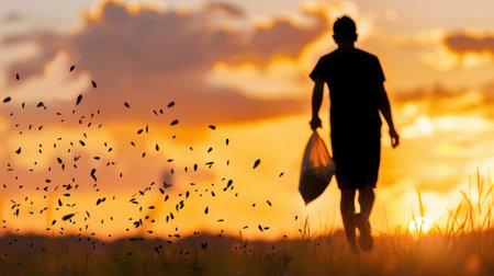 A silhouette of a person walking with a trash bag during sunset, emphasizing the importance of environmental care and community responsibility.の素材