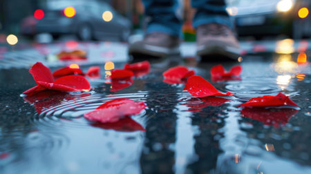 A close-up view of vibrant red rose petals scattered on a wet street, creating a reflective surface after rain. A pair of human feet is in focus, adding a personal touch to this tranquil urban scene.の素材