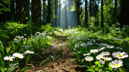 A serene pathway winds through a lush green forest, adorned with colorful wildflowers and illuminated by soft rays of sunlight, inviting exploration.の素材