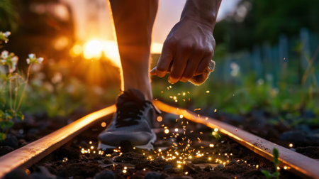 A person runs along railway tracks during a vibrant sunset, creating a mesmerizing display of sparks flying from the ground. The image captures dynamic motion and a healthy lifestyle amidst a picturesque nature setting.の素材