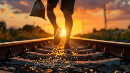 A person runs along train tracks during a vibrant sunset, carrying a bag as the sunlight casts a warm glow on the scene, symbolizing freedom and adventure.の素材