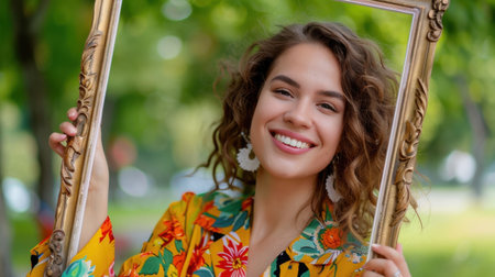 A cheerful woman poses outdoors holding an ornate frame, showcasing her vibrant floral dress and bright smile against a lush green background.の素材