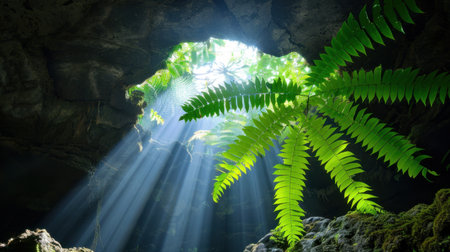 This captivating image features sunlight streaming through a cave opening, illuminating vibrant green ferns, creating a serene and tranquil atmosphere in nature.の素材