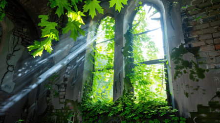Captivating image showcasing sunlight filtering through arched windows, illuminating lush ivy and nature reclaiming an abandoned interior space.の素材
