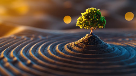A small, vibrant tree stands atop a hill of sand, surrounded by soft concentric patterns, creating a serene and tranquil atmosphere in nature.の素材
