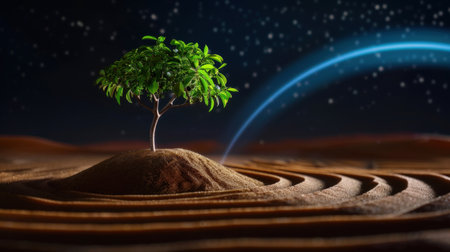 A solitary green tree rises from the sandy desert landscape, illuminated under a star-studded sky with a cosmic arc. This serene scene embodies hope and resilience, showcasing the beauty of nature amidst an otherworldly backdrop.の素材