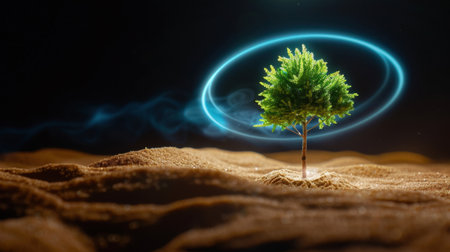 A captivating digital artwork featuring a solitary tree emanating a soft glow amid a sandy environment, evoking feelings of tranquility and growth.の素材